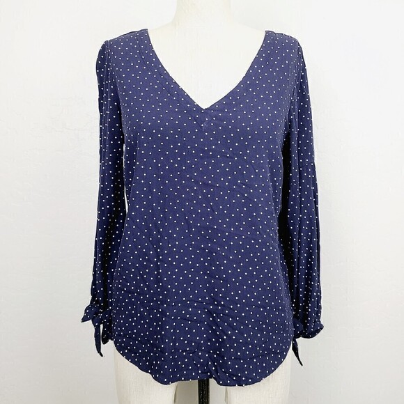 Maeve Anthropologie Top XS Blue White Polka Dot V-Neck Tie-Sleeve Pullov…‎ - Picture 1 of 7